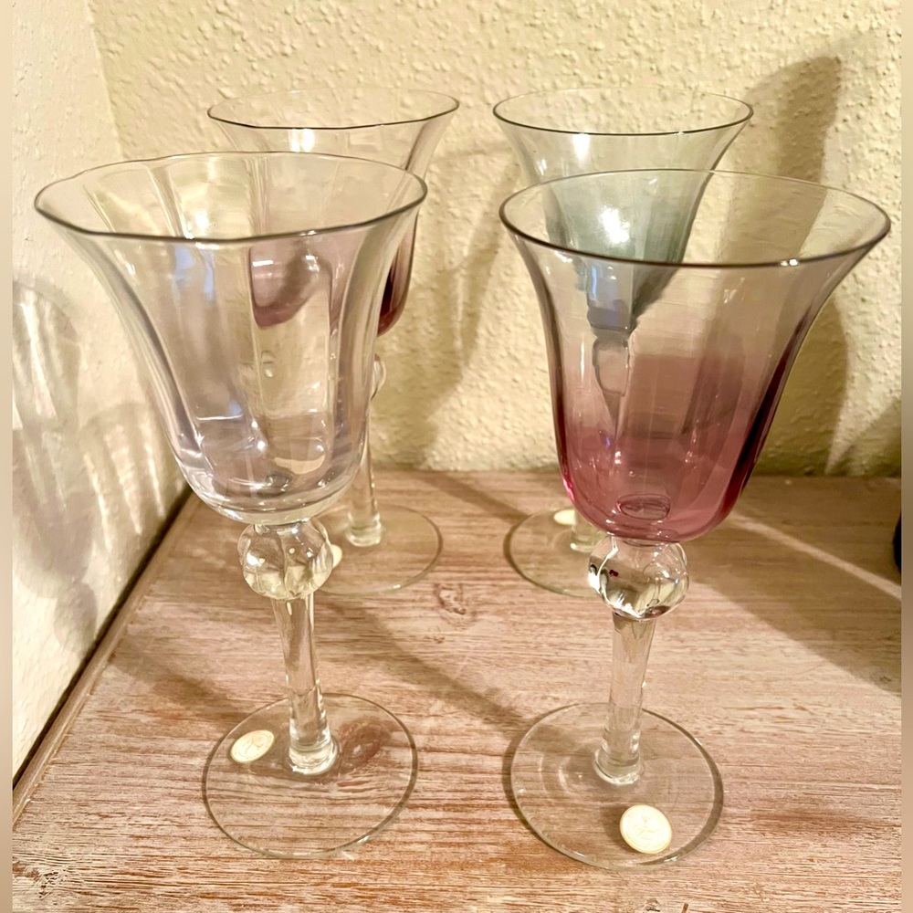 🤩 4 Handmade Crystal Clear Goblets Different Tinted Colors, Made in Romania